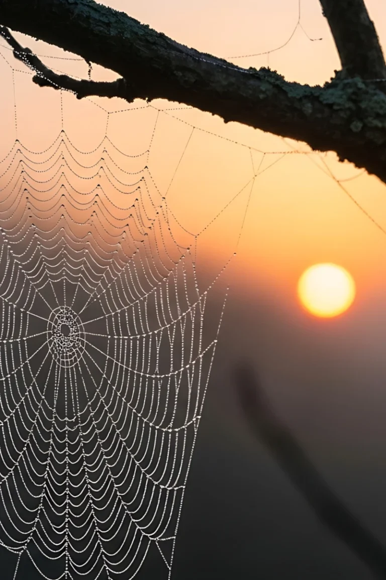 Spinnennetz mit Tau vor Sonnenaufgang